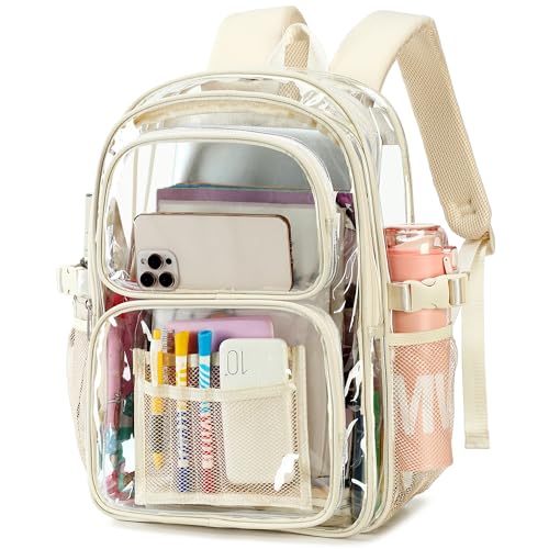 abshoo Large Heavy Duty Girls Clear Backpack for School Bookbag Transparent Multi Pocket Backpacks for Women (Beige) - color: Beige