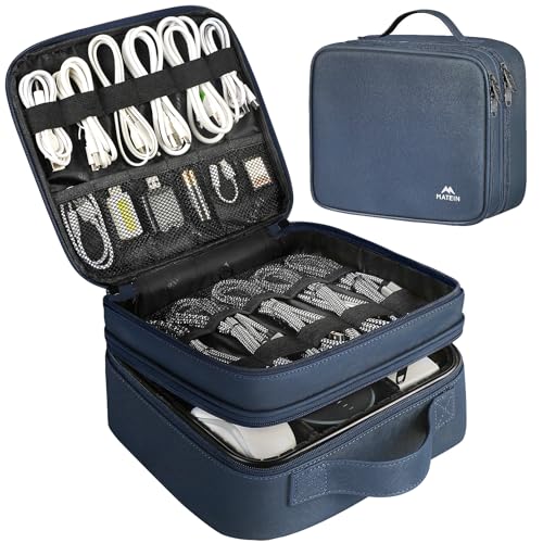 MATEIN Cord Organizer Case with Adjustable Divider, DJ Cable File Bag for Electronic Storage, USB Cable, Charger, Tech Accessories, Shockproof Portable Double Layer Cord Bags, Blue - color: Blue, size: Medium