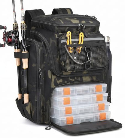 HAMBOLY Fishing Backpack 45L with Rod Holders, Water-Resistant Tackle Backpack for Fishermen, Large Capacity Fishing Gear Bag for Travel Hiking Camping - color: Dark CM (4 Tackle Boxes Included)