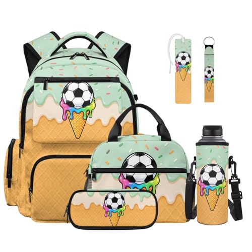 Talayituse Soccer Ice Cream Drip Print 6-Piece Kids Backpack Set for Boys, Includes Backpack, Lunch Bag, Pencil Case, Water Bottle Holder, Bookmark & Keychain for School, Travel, Sports - color: Soccer Ice Cream Drip