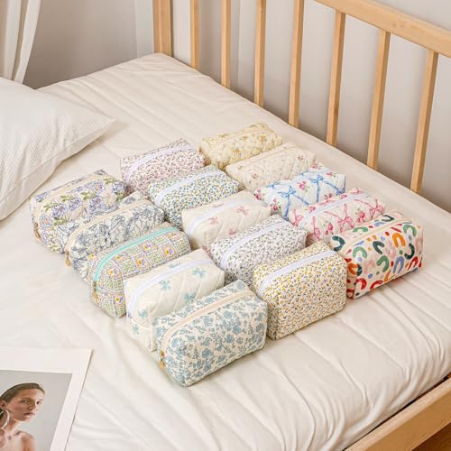 Cute Floral Makeup Bag Small Cotton Quilted Cosmetic Bag, Aesthetic Essential Bag Emergency Bag Gift for Women Girls Travel Accessories (Navy Flowers) - color: A5 Navy Flowers