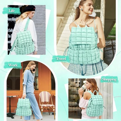 Quilted Puffer Backpack for Women Lightweight Soft Puffy Backpack Purse Casual Daily Drawstring Flap Daypack (Pine Green) - color: Pine Green