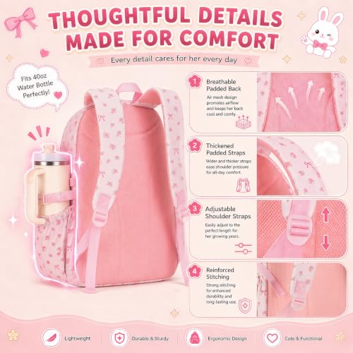 BTOOP Multi-Compartment Kids Backpack for Girls, 3PCS Cute Pink Bow School Backpack with Lunch Bag Pencil Case, Side Pocket Fits 40 oz Tumbler, Girls Bookbag for Elementary Middle School - color: Pink