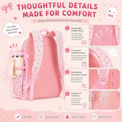 BTOOP Multi-Compartment Kids Backpack for Girls, 3PCS Cute Pink Bow School Backpack with Lunch Bag Pencil Case, Side Pocket Fits 40 oz Tumbler, Girls Bookbag for Elementary Middle School - color: Pink