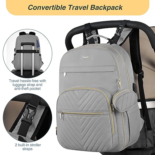 MOMUVO Diaper Bag Backpack, Quilted Baby Bag with Changing Pad and Stroller Straps and Pacifier Case, Large Travel Diaper Bags for Mom Dad, Grey - color: Grey
