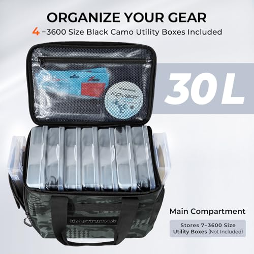 KastKing BaitSpace Fishing Tackle Bag With 4 Tackle Boxes & Removable Bait Binder, Water-Resistant Tackle Storage, Durable Fishing Gear, Adjustable Shoulder Strap - color: A: Black Camo, size: Medium - 4*3600 Trays