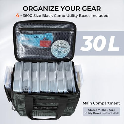 KastKing BaitSpace Fishing Tackle Bag With 4 Tackle Boxes & Removable Bait Binder, Water-Resistant Tackle Storage, Durable Fishing Gear, Adjustable Shoulder Strap - color: A: Black Camo, size: Medium - 4*3600 Trays