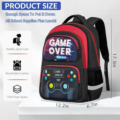 School Backpack for Boys - Gamer Boys Backpack for Kids Children Teens Elementary Middle School - 17″ Video Game Bookbag Travel Back Pack for Age 6-18 - color: Gamer Red-backpack Only