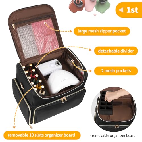 CUBETASTIC Extra Large Nail Polish Organizer Case Holds 86 to 100+ Bottles Nail Polish & Nail Lamp, Nail Supplies Storage Carrying Bag with 2 Removable Pouches - color: Heavy Duty Black