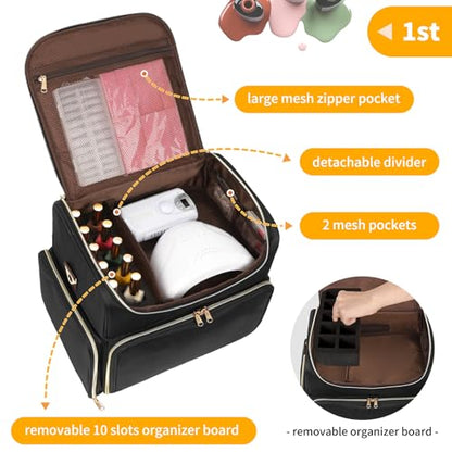 CUBETASTIC Extra Large Nail Polish Organizer Case Holds 86 to 100+ Bottles Nail Polish & Nail Lamp, Nail Supplies Storage Carrying Bag with 2 Removable Pouches - color: Heavy Duty Black