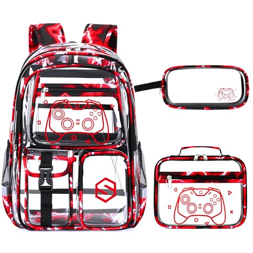 DIGOBAY 3PCS Cool Luminous Clear Backpack for Boys Kids, Gamer Clear Bookbag for School, See Through PVC Transparent Backpacks with Lunch Bag Pencil Case, Backpack Heavy Duty for School Stadium - color: Red Lightning