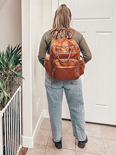 Leather Diaper Bag Backpack for Women with Multiple Pockets,Laptop Compartment and Changing Pad. - color: Brown
