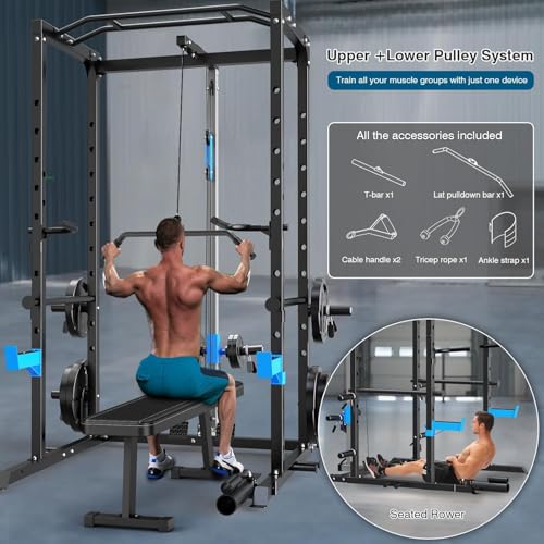ULTRA FUEGO Power Cage, Multi-Functional Power Rack with J-Hooks, Dip Handles, Landmine Attachment and Optional Cable Pulley System for Home Gym - size: 240LB Weights Package