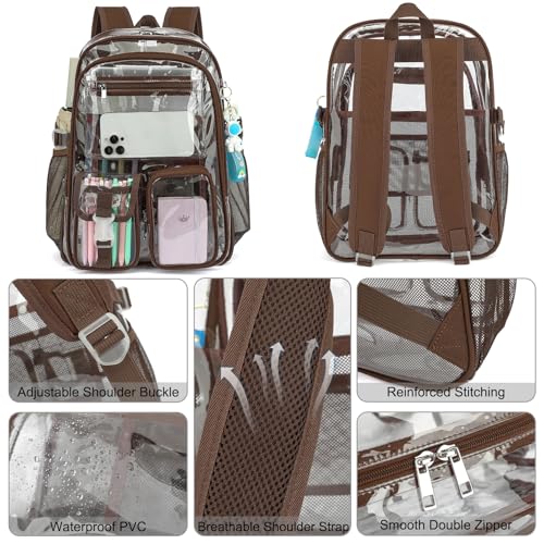 Clear Backpack Heavy Duty Transparent Backpacks Stadium Approved for School Work Sport Travel (Coffee) - color: Coffee