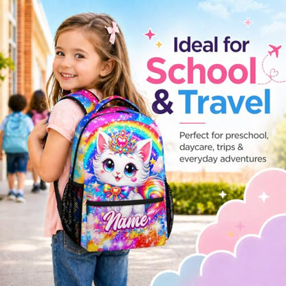 Toddler Backpack for Girls Personalized Cat School Bag - Customized Kindergarten Bookbag for Kids, Water Resistant Daypack for Elementary Students (17 Inch) - color: White