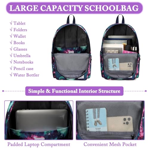 Kasqo School Backpack, 15.6 Inch Classic Lightweight Water-Resistant 17.8L Bookbag Daypack for Men Women Schoolbag for Teens Girls Boys Kids College,Travel,Work,Galaxy - color: Purple Galaxy