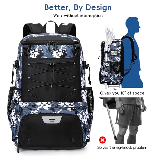 KAVIGOR Lacrosse Bag 65L, Extra Large Lacrosse Gear Backpack with Multi-Pocket Design, Helmet Holder & Ventilated Shoe Compartment - color: Camo Blue