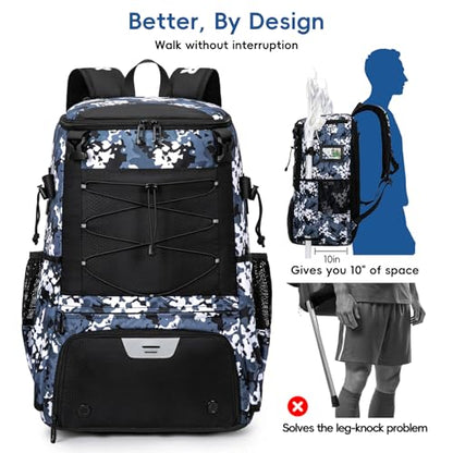 KAVIGOR Lacrosse Bag 65L, Extra Large Lacrosse Gear Backpack with Multi-Pocket Design, Helmet Holder & Ventilated Shoe Compartment - color: Camo Blue