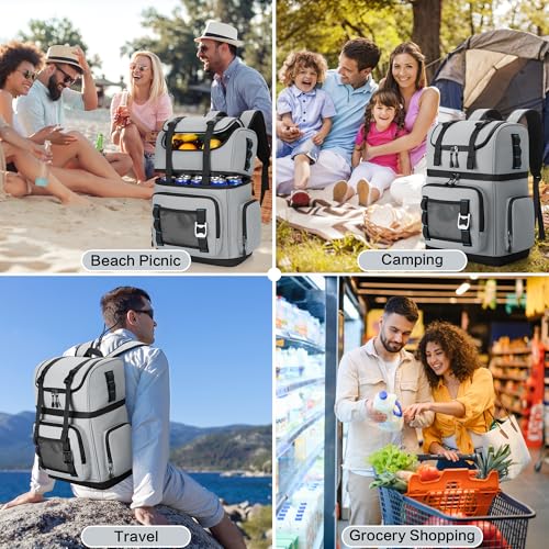 Large Waterproof Insulated Cooler Backpack for Men & Women, Double Decker Leak Proof Cooler Backpack for Beach, Camping, Picnic, Travel, 26L, 44Cans - color: Gray