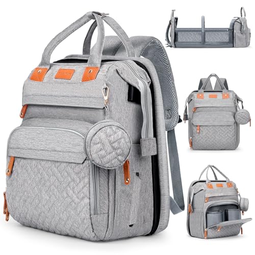 JOYCE Diaper Bag Backpack with Changing Pad, Water-Resistant, Grey | Portable changinag pad, insulated bottle pockets, stroller straps, pacifier case, Multi-Compartment storage - color: Grey