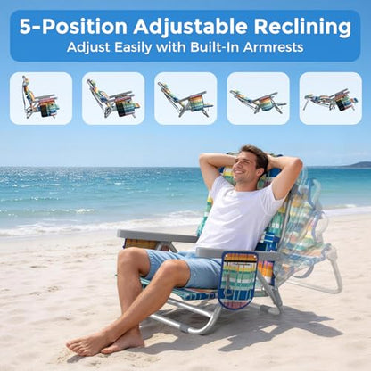 5-Position Backpack Beach Chairs for Adults, Foldable Heavy-Duty Beach Chair with Lumbar,Cooler Bag,Cup Holder,Towel Rack for Beach, Camping, Outdoor(2Pack)