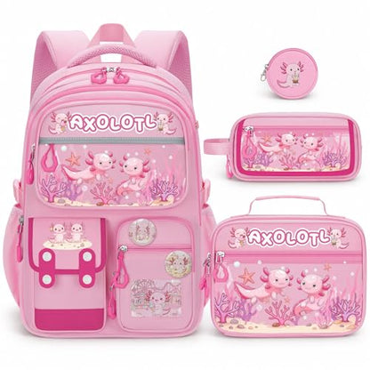 Axolotl Backpack for Girls, 4 PCS Girls Backpack with Lunch Box Set, Cute Kawaii Large Laptop Bookbag, School Bag for Elementary Kids & Teens - color: Axolotl