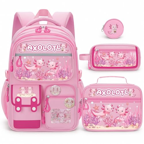 Axolotl Backpack for Girls, 4 PCS Girls Backpack with Lunch Box Set, Cute Kawaii Large Laptop Bookbag, School Bag for Elementary Kids & Teens - color: Axolotl