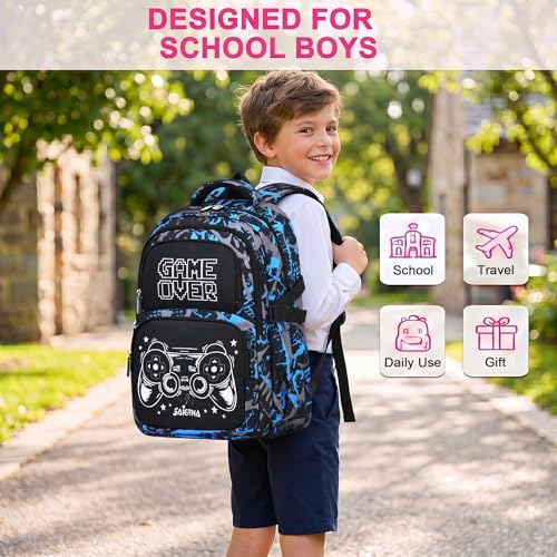 3PCS Kids Backpack Set, School Backpack with Lunch Bag & Pencil Case, Lightweight Waterproof Bookbag for Kids (Gamer Black Blue) - color: Gamer Black Blue