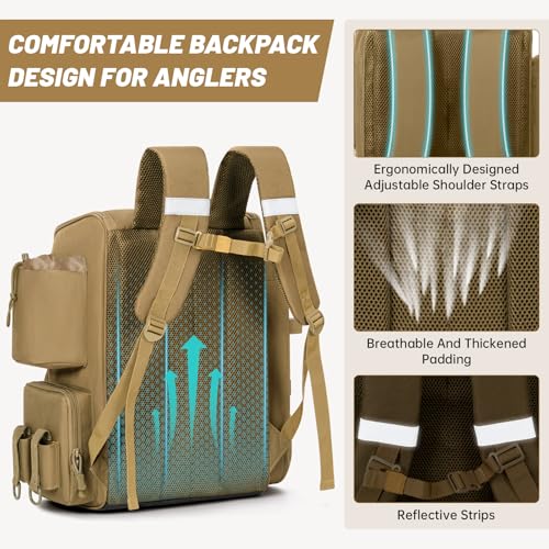 40L Fishing Backpack Water Resistant Fishing Tackle Bag with 2 Rod Holders, Tackle Storage Bag for Anglers(Khaki,Bag Only) - color: Khaki