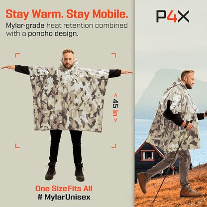 PREPARED4X Emergency Mylar Poncho – Survival Rain Poncho with Hood – Lightweight, Compact, Reusable Emergency Blanket Poncho for Hiking, Camping, Thermal Gear, Car Kit, Outdoors - color: Snow Camo 4-pack