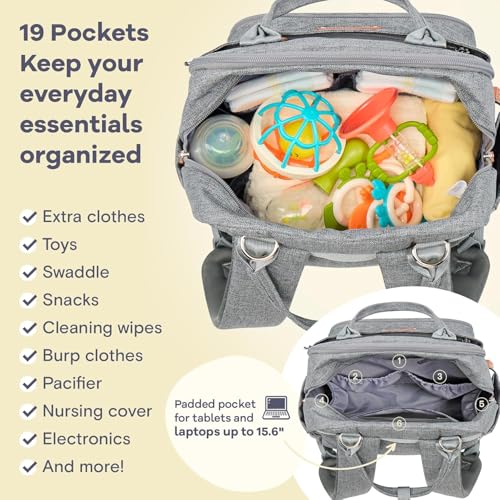 RUVALINO Diaper Bag Backpack-Expandable Baby Bag with up to 50% Capacity -Baby Essentials Bag with Changing Pad Insulated Bottle Holders & Pacifier Case, Waterproof, Gray XL - color: Gray