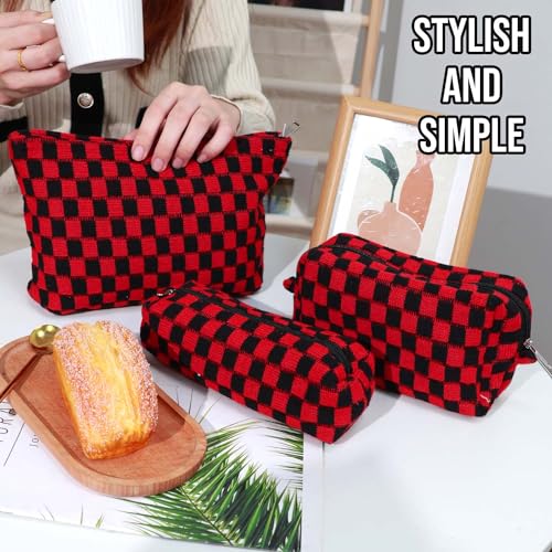 3 Pcs Makeup Bag Cosmetic Bag Set for Girls Women Checkered Travel Organizer Bathroom Toiletry Pouch Large Capacity Storage Bag(Red-Black) - color: Red-Black