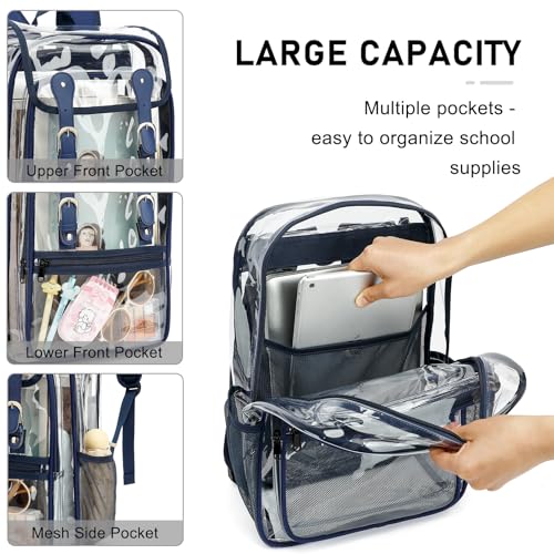 Heavy Duty Clear Backpack Stadium Approved Transparent Backpacks for School College Festival Work Travel (Navy Blue) - color: Navy Blue