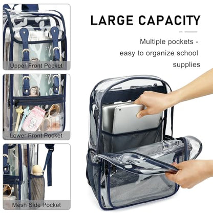 Heavy Duty Clear Backpack Stadium Approved Transparent Backpacks for School College Festival Work Travel (Navy Blue) - color: Navy Blue
