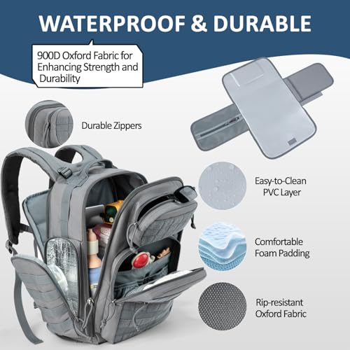MIRACOL Outdoor Military Diaper Backpack: Dad-Approved Baby Bag with Insulated Pockets & Foldable Changing Mat - Lightweight Essentials for Hiking Camping Outdoor Adventures - color: Grey W/ Changing Mat