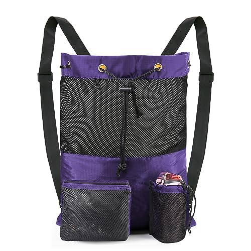 BeeGreen Gym Bags for Men Women Mesh Drawstring Backpack for Swim Sports Workout Gear Gifts for Swimmers Beach Pool Wrestling Backpack Cinch Bag With 3 Pockets Purple XLarge - color: Classic Purple, style: Backpack