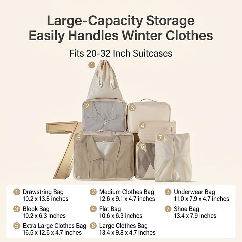 7 Set Packing Cubes for Suitcases, Breathable Luggage Organizer Bags, Travel Essentials with Clothing, Shoe, Cosmetics, Flat, Drawstring Bags, Navy - color: Navy