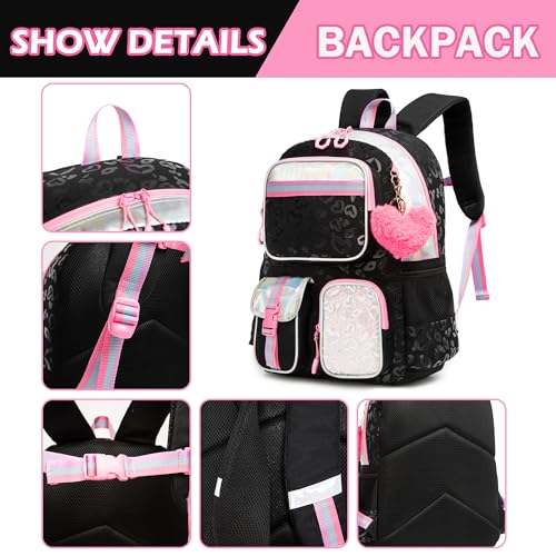 Meetbelify Cute Black School Backpack for Girls Aesthetic Backpacks for Elementary Student Teen Girls School Bag Kids Travel Bookbag for Girls Ages 8-10 - color: Black