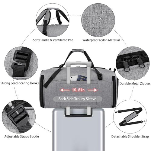 Convertible Garment Bags for Travel - Carry on Garment Duffle Bag with Backpack Straps for Men Women, 4 in 1 Large Travel Duffel Bags with Shoes Compartment Hanging Suit Dress Weekender Bag 3pcs Set - color: C-Grey