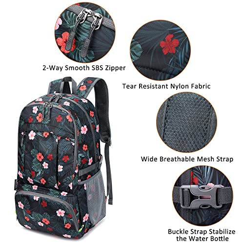 G4Free 40L Lightweight Packable Hiking Backpack, Waterproof Travel Daypack - color: Black Base Floral