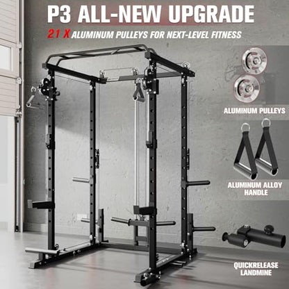 RitFit Multi-Function Garage & Home Gym Package Includes 1200LBS Power Cage PPC03/P3 with Cable Crossover System, Weight Bench, Olympic Barbell Weight Set, Full Body Workout - color: Black, style: Package 1.7K (with FBP 230lbs Plates)