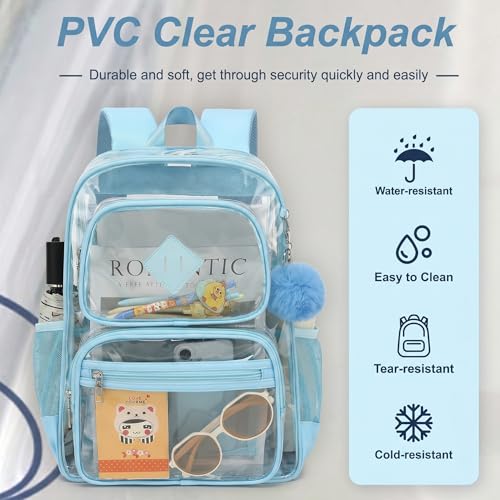 Heavy Duty Clear Backpack for Girls Boys Transparent School Bookbag Kids Durable PVC See Through Backpack - Baby Blue - color: Baby Blue