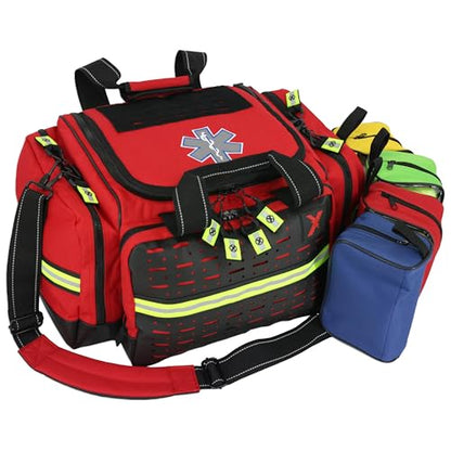 Lightning X LXMB35 EMT Trauma Bag – Large ALS Medical Bag with 6 Color-Coded Pouches, MOLLE Panel, Waterproof Bottom, Reflective EMS Gear for First Responders - color: Red