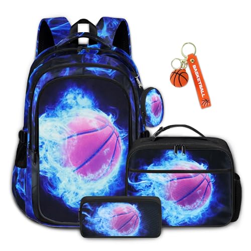 Boys Basketball Backpack with Lunch Box, Kids Backpack Set for School, 17inch Bookbag with Pencil Case Coin Purse Blue - color: Basketball Blue