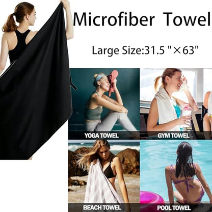 3-in-1 Swim Beach Gym Gear Set.Mesh Drawstring Backpack + Microfiber Beach Towel + Waterproof Phone Pouch, for Swimming, Gym - color: Black