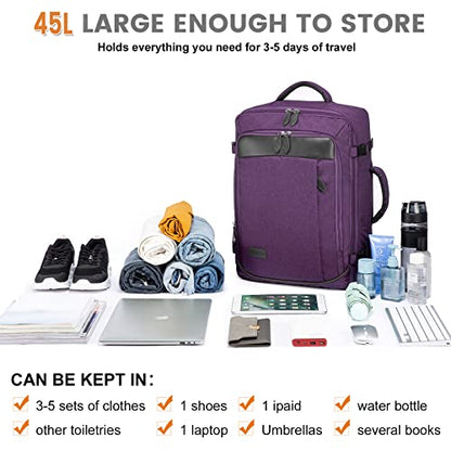 LOVEVOOK Carry on Backpack, 45L Large Travel Backpack for Women Airline Approved, Expandable Large Suitcase Backpacks With 4 Packing Cubes, Aer Travel Pack 3, Water Resistant Weekender Bag - color: Purple, size: X-Large