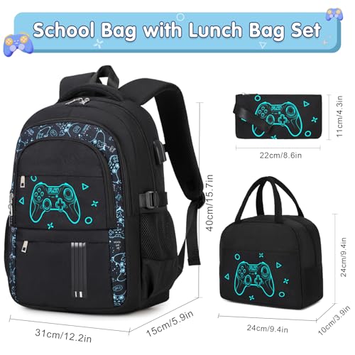 ACESAK Boys Backpack - 3PCS Cool Luminous Backpack for Boys School Backpacks for Kids Kindergarten Elementary Preschool Middle School Bags with Lunch Box Pencil Case Set (Black Game Console) - color: Black Game Console