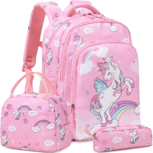 Girls Backpack for Elementary Kids School Bookbag Set Cute Unicorn Backpacks for Girls Water Resistant - color: Angel Unicorn Pink
