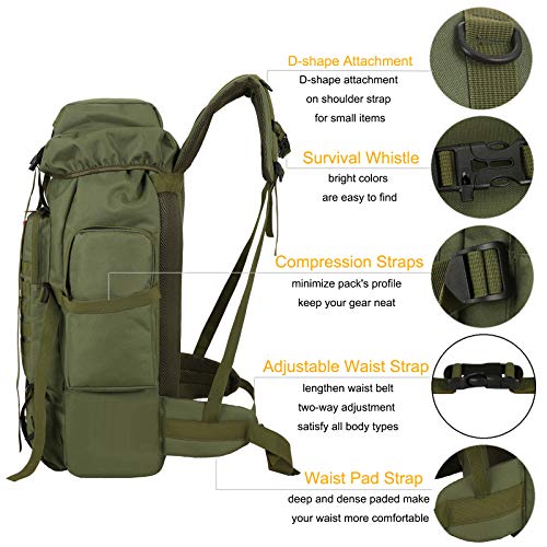 70l Hiking Backpack for Men Waterproof Military Camping Rucksack Travel Daypack - color: Armygreen
