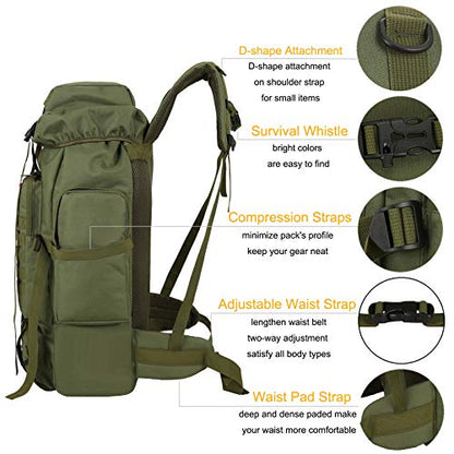 70l Hiking Backpack for Men Waterproof Military Camping Rucksack Travel Daypack - color: Armygreen